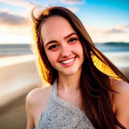 Image similar to A cute and beautiful young woman with long shiny bronze brown hair and green eyes, cute freckles, smug smile, golden hour, beach background, medium shot, mid-shot,