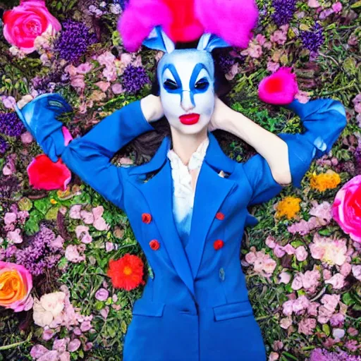 Prompt: a super model wearing a blue suit and a bunny mask, looking feminine and fierce , in the middle of a colorful garden, Alice in wonderland theme, detailed, cinematic lighting, photo in the style of Annie Leibovitz and David lachapelle and Steve meiele