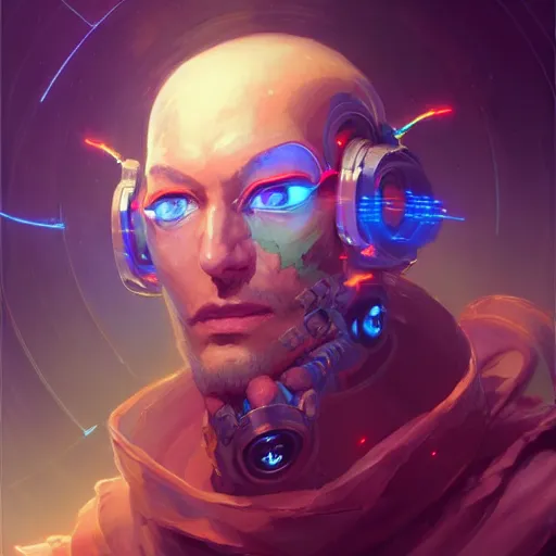 Prompt: a portrait of a handsome cybernetic fortune teller, cyberpunk concept art by pete mohrbacher and wlop and artgerm and josan gonzales, digital art, highly detailed, intricate, sci-fi, sharp focus, Trending on Artstation HQ, deviantart, unreal engine 5, 4K UHD image