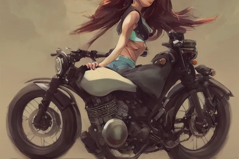 Prompt: a beautiful girl on a motorcycle, by Krenz Cushart，hyperdetailed, trending on artstation, trending on deviantart