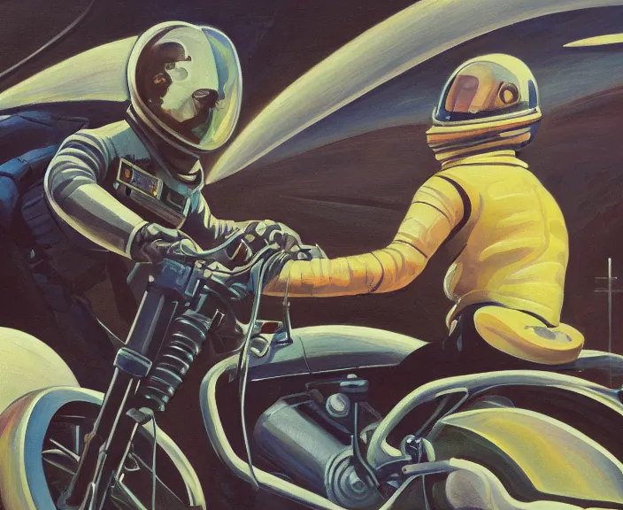 Image similar to a very detailed painting of a astronaut wearing a suit, riding a motorbike down a street, harley davidson motorbike, worm's - eye view, very fine brush strokes, very aesthetic, very futuristic, in the style of edward hopper and grant wood and syd mead, 4 k,