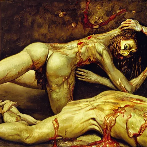 Prompt: realistic Gustave Courbet painting of a zombie with body made guts and veins dripping golden shiny metalic cascade fluid from ribcage on the floor of sci-fi laboratory