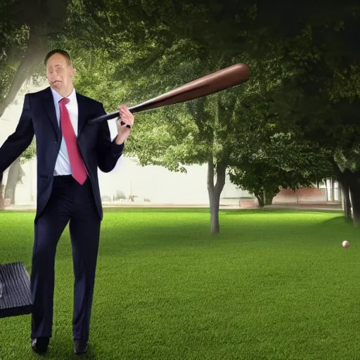 Prompt: a man in a business casual outfit swinging down on a printer with a baseball bat, movie still, outside, sunny day, grassy