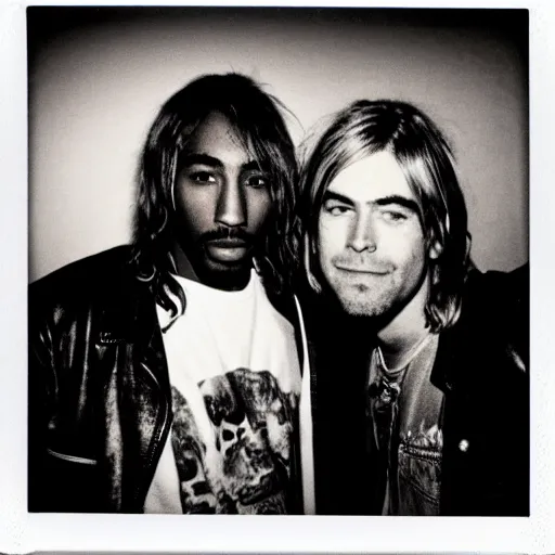 Image similar to Polaroid photograph of very Kurt Cobain and very Tupac Shakur in a club, blurry, XF IQ4, 150MP, 50mm, F1.4, ISO 200, 1/160s, natural light, Adobe Lightroom, photolab, Affinity Photo, PhotoDirector 365,