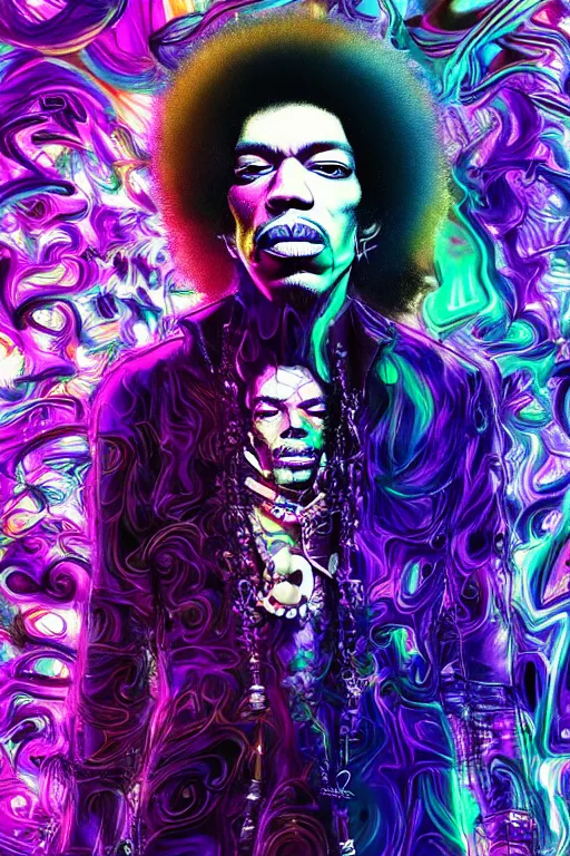 Image similar to A Weirdcore Mesmerizing 8k hyperrealistic portrait of cyberpunk Jimi Hendrix, floating in spirals of iridescent mycelum, surrounded by purple haze, neon lines, by Ayami Kojima, Daytoner, Greg Tocchini, James Jean,Yoshitaka Amano