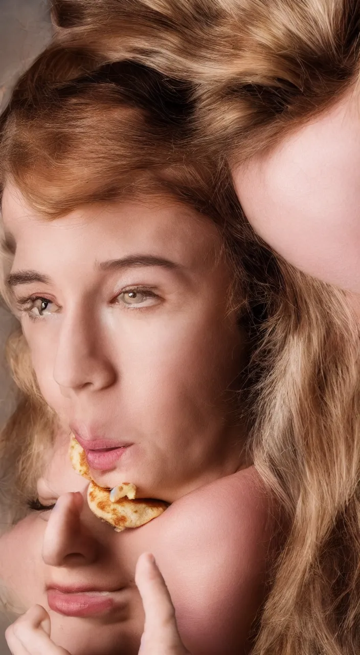 Image similar to a photo of a woman with a pancake on hear head, ultra high detail, 8 k.