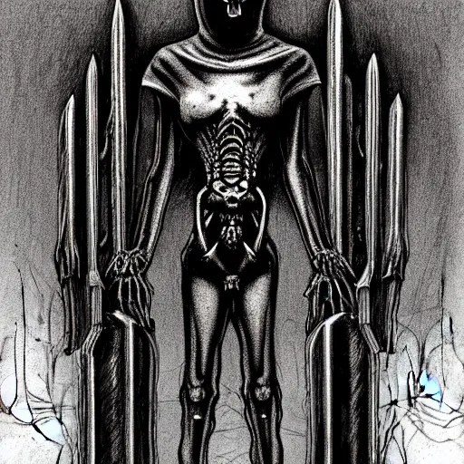 Image similar to full-body dark creepy gothic H.R. Giger realistic diagram drawing central composition a decapitated soldier with futuristic elements. he welcomes you with no head, dark dimension, empty helmet inside is occult mystical symbolism headless full-length view. standing on ancient altar eldritch energies disturbing frightening, hyper realism, 8k, sharpened depth of field, 3D