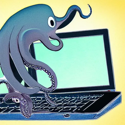 Prompt: Laptop computer being used by an octopus in the style of Emily Willoughby, paleoart