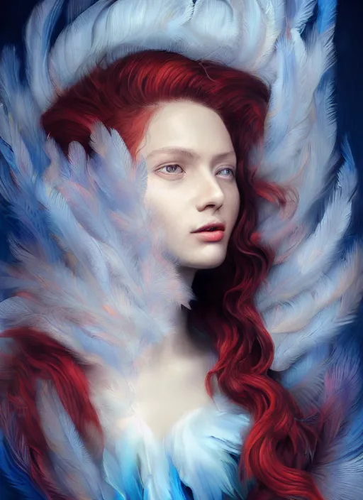 Prompt: a painting of a woman who made of curly and transparent feathers and cloud with red edges is holding a sword, a digital painting by charlie bowater, made of many translucent layers of blue feathers and cloud, metaphysical painting, speedpainting, digital painting, holographic undertones, highly saturated colors, 4 k, glossy eyes, concept art, trending on artstation