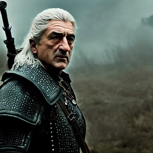 Prompt: robert de niro as the witcher, 4 k, epic, cinematic, focus, movie still, fantasy, serious, extreme detail, atmospheric, dark colour n - 9