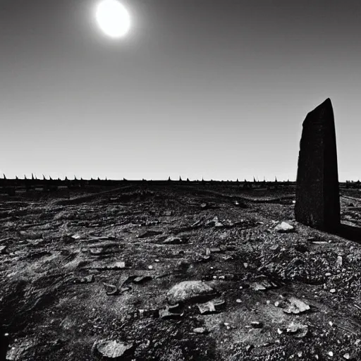 Image similar to radioactive spike field, monolithic stone spikes, creepy monotone black and white lighting, post nuclear fallout, desolate, no life, high resolution, old photo,