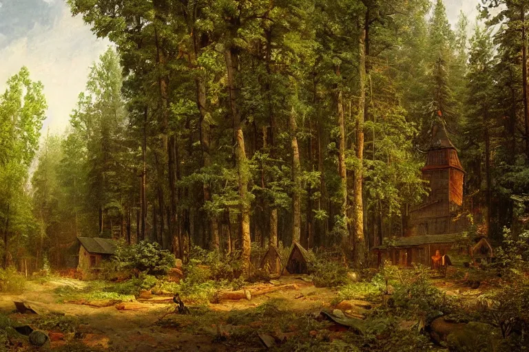 Image similar to A beautiful painting of russian village in dark forest by ivan shishkin and arkhip kuindji, trending on artstation,matte painting