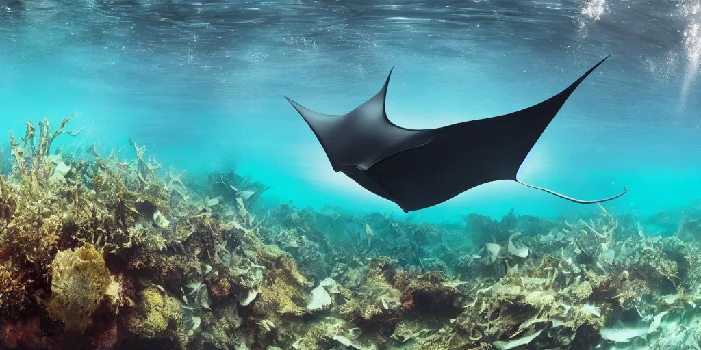 Image similar to hyperrealistic underwater photography, panoramic picture of an ocean floor with in the distance one single manta ray. focus on the manta ray. the manta ray is anatomically correct and highly detailed. the eyes are intricately detailed. there are lots of bubbles. seaweed and some rocks. gloomy scattered light entering from the water surface, trending on artstation, hq, 4 k