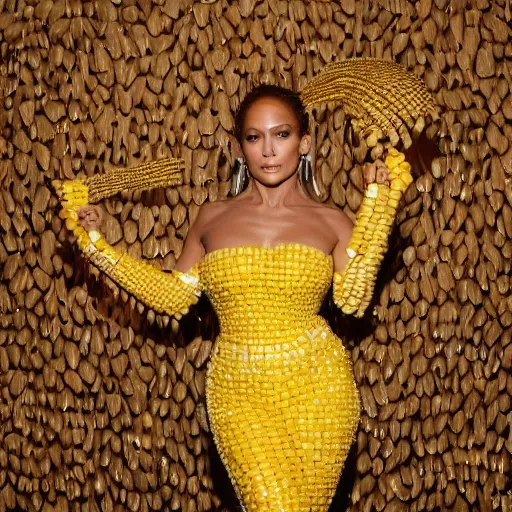 Prompt: full body photo of jennifer lopez, she is wearing the funniest fashion cry costume of corn on a cob, studio lighting, corn on a cob everywhere