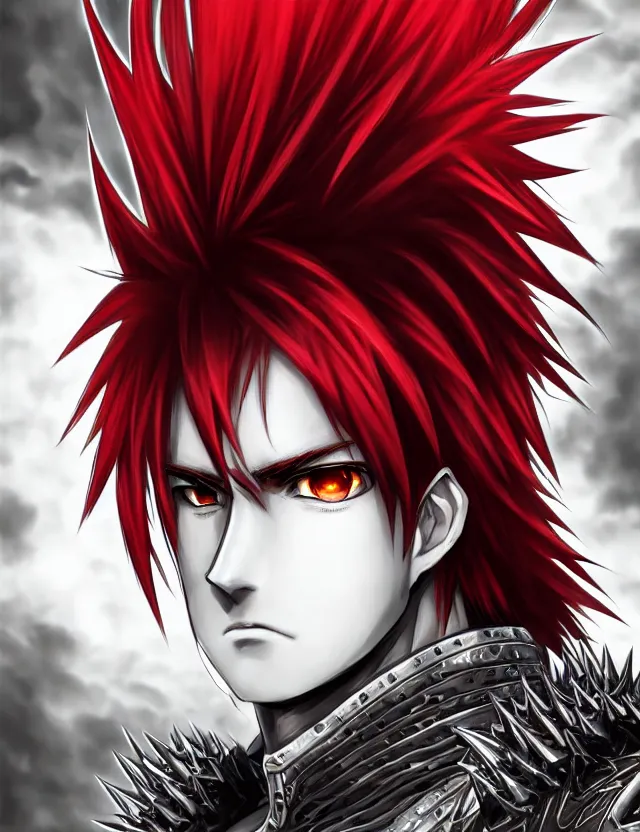 Image similar to a detailed manga portrait of a handsome tall man with spiked crimson hair in fiery crimson crystalline armour, trending on artstation, digital art, 4 k resolution, detailed, high quality, sharp focus, hq artwork, coherent, insane detail, character portrait