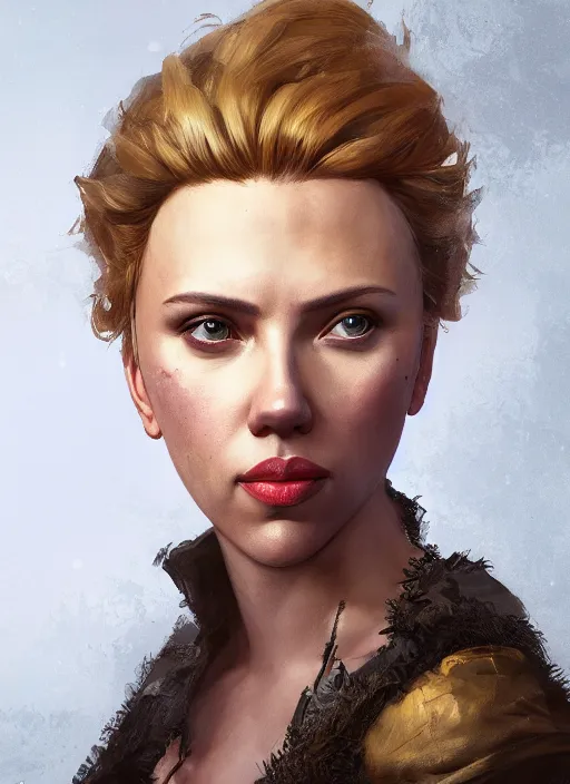 Image similar to portrait of scarlett johansson as a pirate, hyper detailed, digital art, trending in artstation, cinematic lighting, studio quality, smooth render, unreal engine 5 rendered, octane rendered, art style by klimt and nixeu and ian sprigger and wlop and krenz cushart.