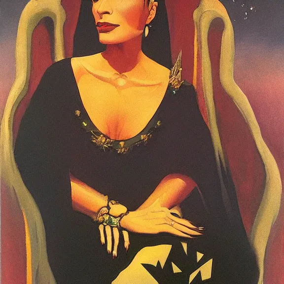 Image similar to an oil painting of a queen in a black funeral dress sitting on a throne, by bruce pennington, by ( eyvind earle ), nicholas roerich, by frank frazetta, by georgia o keeffe, by dean cornwell