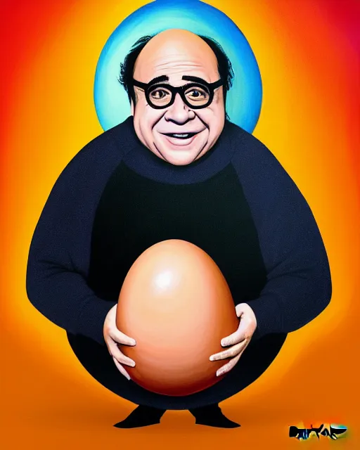 Image similar to painting portrait of danny devito as an egg, cartoon, warm lighting, danny devito has an egg body, movie poster, illustration by bartek fedyczak, erak note, tooth wu, neil richards, kan liu, siwoo kim, jisu choe, trending on art station