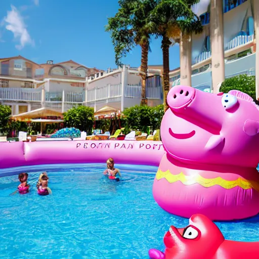 Image similar to an inflatable float of Peppa Pig in the center of a luxury hotel swimming pool