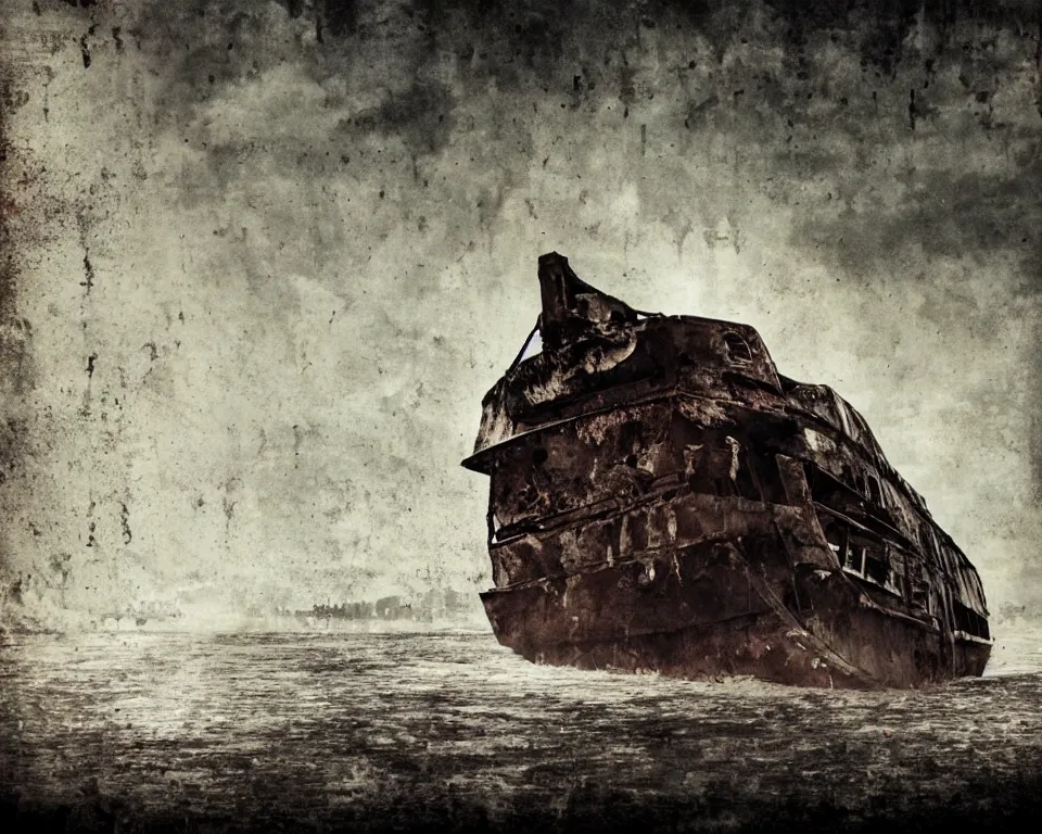 Prompt: a horror movie poster featuring a abandoned barge