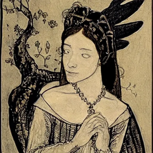 Image similar to anne boleyn crying as she grows bird wings, in the style of arthur rackham