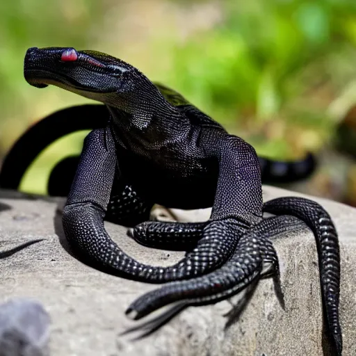 Prompt: A black king cobra crawls along a large uneven stone towards the camera, using a sword stuck in the stone and drenched in blood