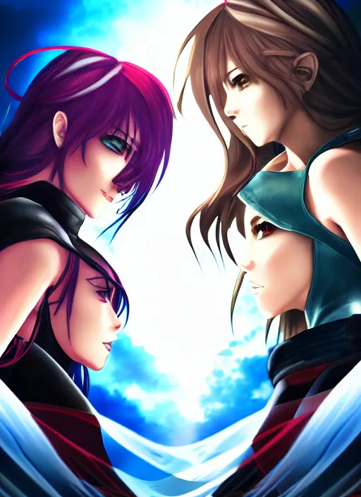 Prompt: two beautiful identical female fighters facing each other, dim lighting, gorgeous features, high resolution, detailed digital anime art