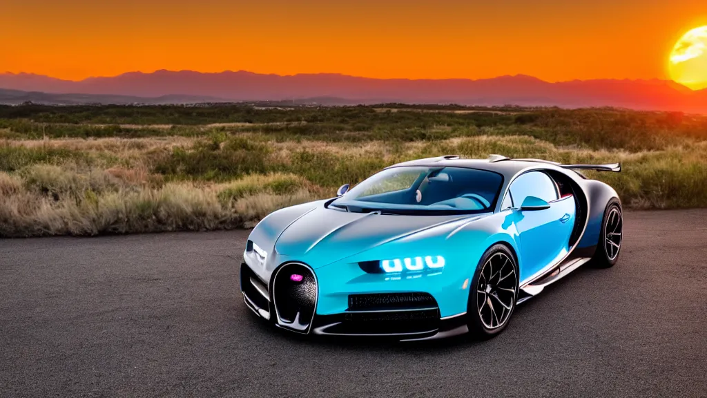 Image similar to synthwave bugatti chiron at sunset, 8 k. filling of the view