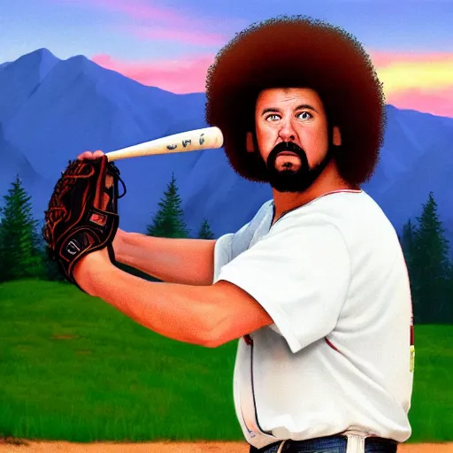 Image similar to a closeup photorealistic photograph of bob ross style kenny powers playing baseball, painting on a canvas. mountains and trees. film still. brightly lit scene. this 4 k hd image is trending on artstation, featured on behance, well - rendered, extra crisp, features intricate detail, epic composition and the style of unreal engine.