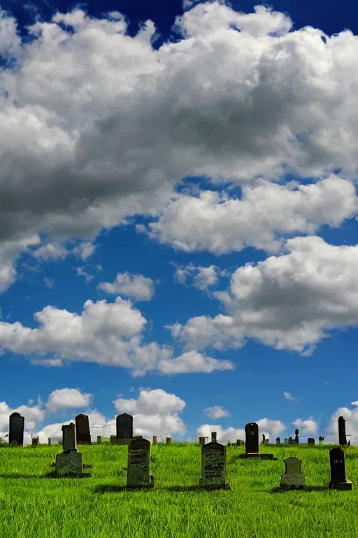 Image similar to realistic detailed photo of the windows xp bliss hills screensaver saturated cloudy blue skies with a graveyard, with many worn gravestones, hyper detailed, sigma 5 0 mm, flickr