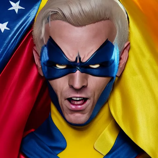 Image similar to portrait of a evil blonde superhero two sides hair and thin face lines, his cape is the american flag, he is angry, his costume is blue with yellow eagles head on the shoulders, 8 k, hyper realistic, movie imax shot, film, cinematography, red