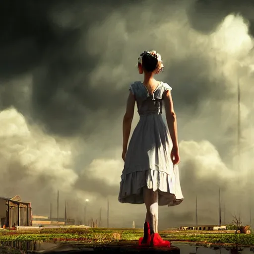 Image similar to a beautiful Cotton Mill Girl, symmetrical, centered, dramatic angle, ornate, details, smooth, sharp focus, illustration, realistic, cinematic, artstation, award winning, rgb , unreal engine, octane render, cinematic light, macro, depth of field, blur, red light and clouds from the back, highly detailed epic cinematic concept art CG render made in Maya, Blender and Photoshop, octane render, excellent composition, dynamic dramatic cinematic lighting, aesthetic, very inspirational, arthouse by Henri Cartier Bresson