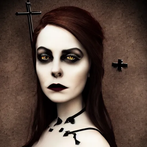 Prompt: stunning Gothic shameless woman whis impudent facial expression, shadow of catholic church cross, elegant, dark and mysterious, atmospheric, ominous, eerie, cinematic, Epic, 8k, 4k, ultra detail, ultra realistic, rendered by awesomeness illustration