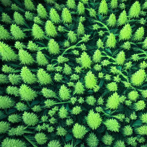 Image similar to A dense fractal cannabis forest with lots of cannabis plants, 4k, photorealistic, high-definition, artstation