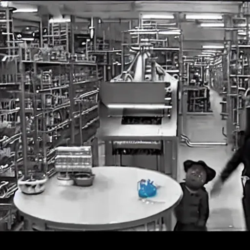 Prompt: security cam footage of Willy Wonke's Chocolate Factory