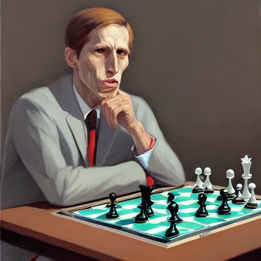 Prompt: Portrait of Mr. bobby fischer wearing a business suit playing chess, very coherent, painted by Edward Hopper, Wayne Barlowe, painted by James Gilleard, airbrush, art by JamesJean