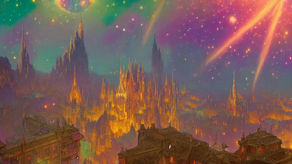 Prompt: a beautiful highly detailed matte painting of colorful castle nebulas by moebius, alphonse mucha, stars in the background, medium shot, highly detailed, intricate design, 8 k resolution, octane render, trending on artstation and cgsociety