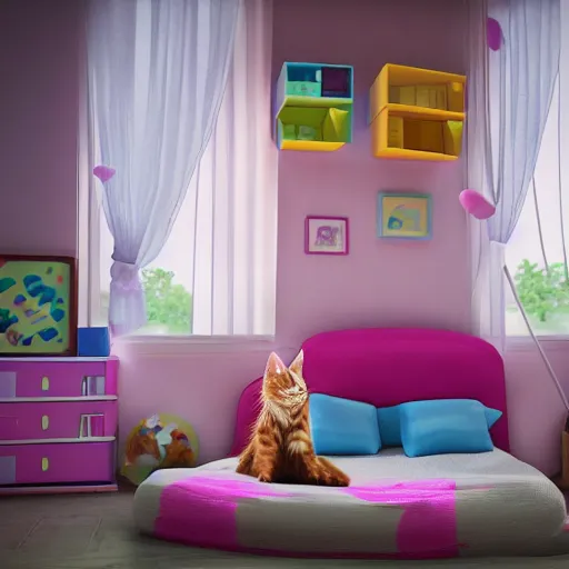 Image similar to eye - level view, in a child's bedroom filled with toys there is a bed under a window with a colorful bedspread. a super cute maine coon kitten runs and jumps and plays with cat toys on the bed. hilarious, funny, back to school comedy, cg animation, 3 d octane render, imax 7 0 mm,