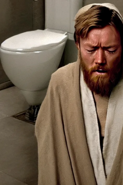 Image similar to Obi-Wan crying with a look of anguish on the toilet after realising there's no more toilet paper