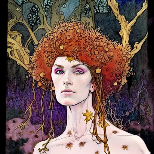 Image similar to a realistic and atmospheric watercolour fantasy character concept art portrait of a freckled incredibly beautiful woman in 8 0 s haute couture fashion clothes as a druidic warrior wizard looking at the camera with an intelligent gaze by rebecca guay, michael kaluta, charles vess and jean moebius giraud