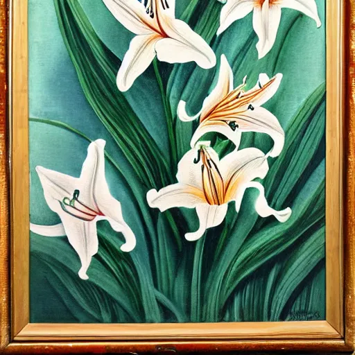 Image similar to a painting of lilies in the style of judy woodborn, copperplate etching