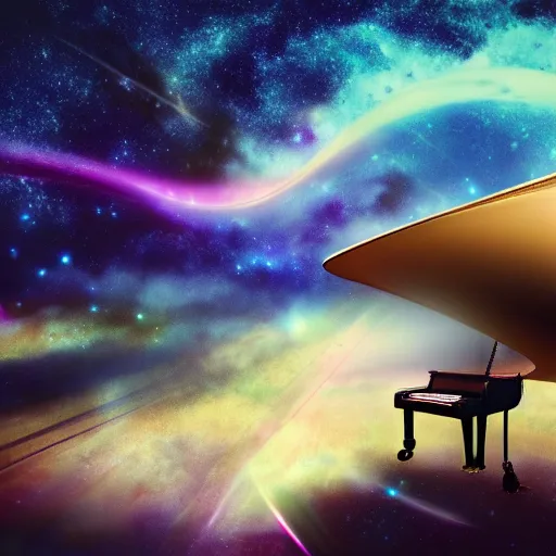 Image similar to a piano with an open wing, a galaxy inside the wing, cinematic, bright, in the style of charlie bowater