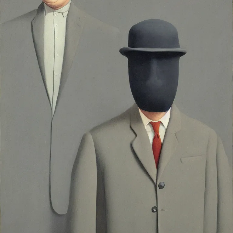 Image similar to portrait of man in a suit with covered face by rene magritte, detailed painting, hd, hq, high resolution, high detail, 4 k, 8 k