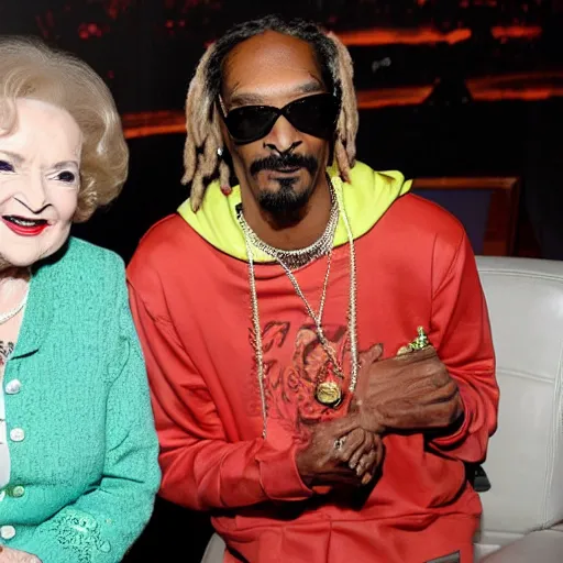 Prompt: p betty white hanging out with snoop dog in a room full of smoke