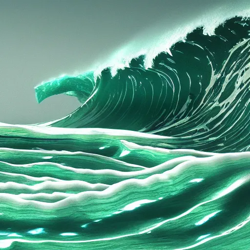 Image similar to A Huge Tidal Wave of clear green resin and foam, Kanagawa, photorealistic 8K HD octane render