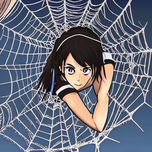 Image similar to anime emma watson hanging from and trapped in a giant spider web