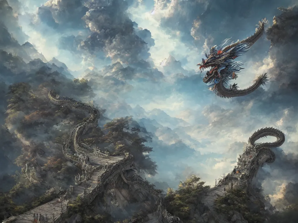 Prompt: a chinese dragon flies among the clouds over a mountain. below a shinto gate tops a stone stairway. by peter mohrbacher and dan mumford and nekro, cgsociety, volumetric light, 3 d render