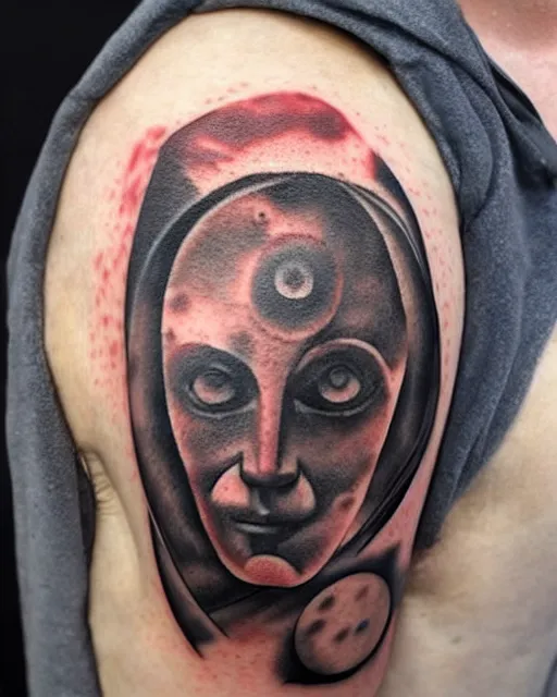 Image similar to planets on the top of a broken renaissance head statue, realism tattoo design, in the style of matt jordan