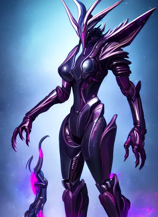 Image similar to cinematic full body, cosmic sized beautiful stunning giant robot mechan hot female dragon goddess, sharp sleek cyborg dragon head, sharp metal ears, smooth purple eyes, smooth fuschia skin, smooth silver armor, nebula, epic proportions, epic scale, macro furry, furry art, dragon art, goddess art, giantess art, warframe, warframe fanart, furaffinity, octane