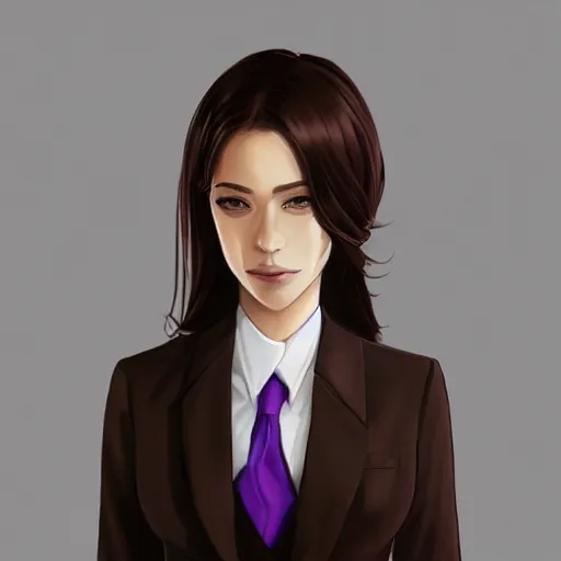 Image similar to woman in black business suit, purple tie, brown neat hair, pixiv, fanbox, trending on artstation, portrait, digital art, modern, sleek, highly detailed, formal, serious, determined, competent, colorized, smooth, charming, pretty, safe for work, thick